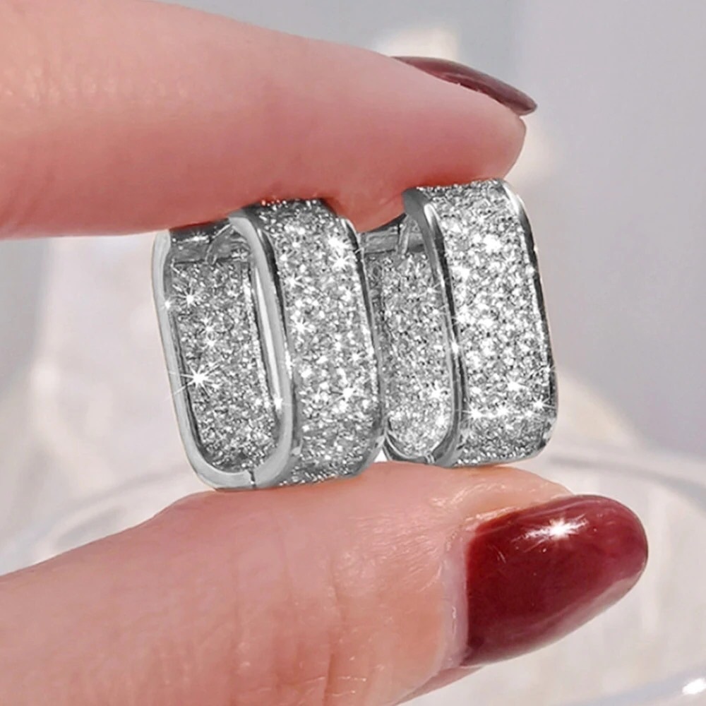NEW Luxury Hip Hop Fashion Paved Hoop Earrings - Picture 2 of 9